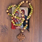 Wood Wooden Jerusalem Hot Selling Green Wood Beaded Handmade Knotted Catholic Rosary With Wooden Craving Cross Necklace
