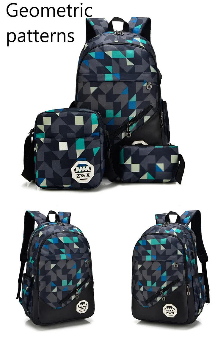 New Men's Bag Korean Style Fashion Student Schoolbag Backpack Three-piece Casual Travel & Outdoor Hiking Backpack