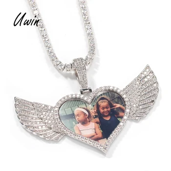 Hip Hop CZ Heart Wings Memory Photo Pendant Picture Necklace Custom Jewelries