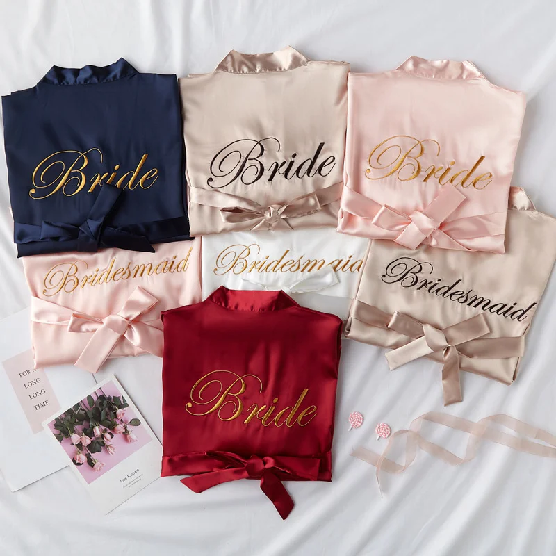 Wedding Party Team Bride Robe With Black Letters Satin Pajamas Bridesmaid Rose Gold Pink Bathrobe girls women lucky day