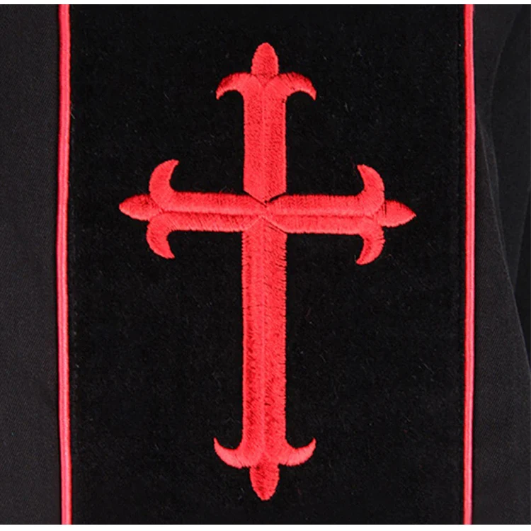 Wholesale Customized Black Piping and Handmade Fluting Matte Velvet Clergy Robes with Red Embroidered Cross factory