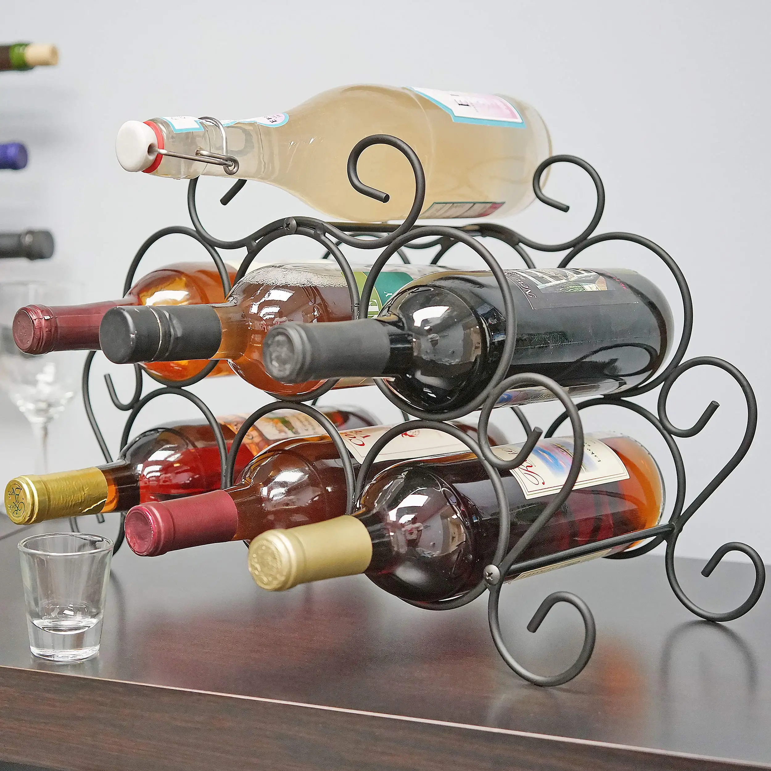 7-bottle Minuet Free Standing Wine Rack W/scroll Design For Kitchen Organization Of Wine Spirit Bottles