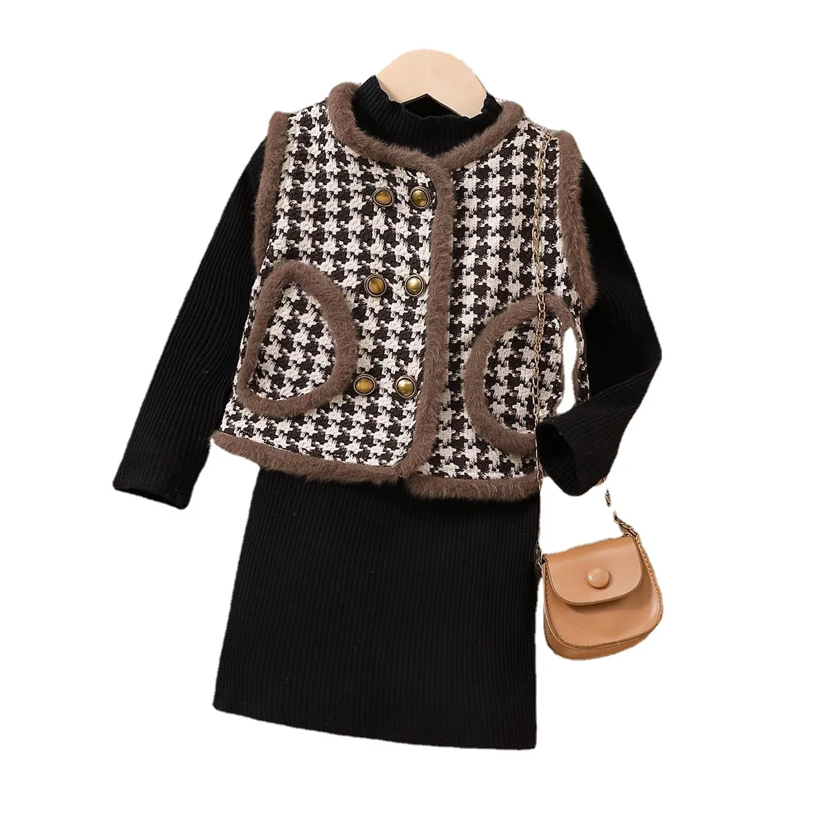 Korean popular toddler girls fall outfits casual knitted dress matching fashion plaid vest two-piece girls clothing suits