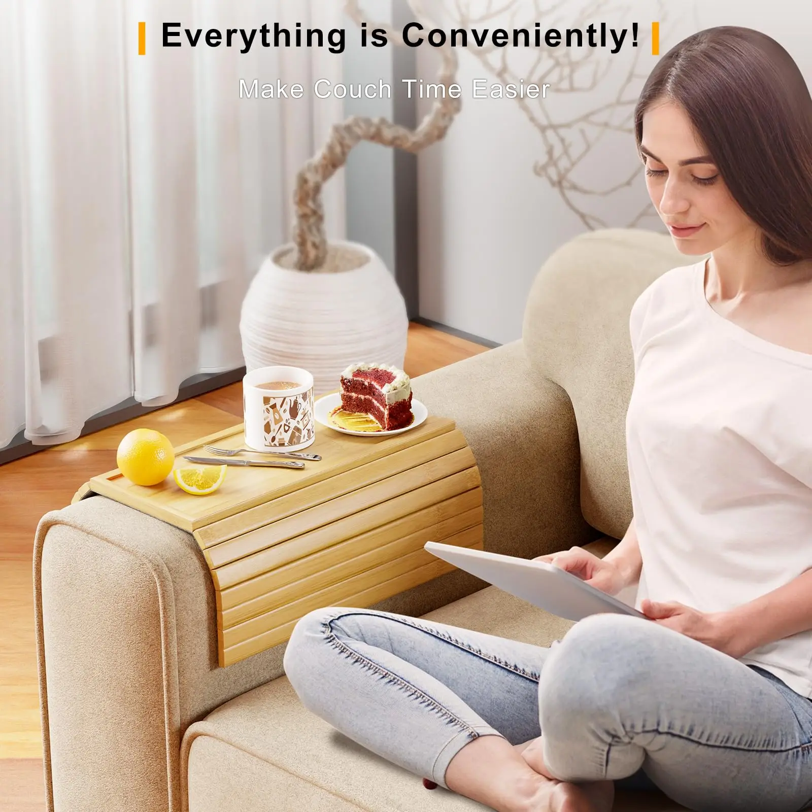 product 2 in 1 bamboo sofa armrest tray sliding detachable anti slip foldable frame beverage cup holder mobile tv remote storage tray-10