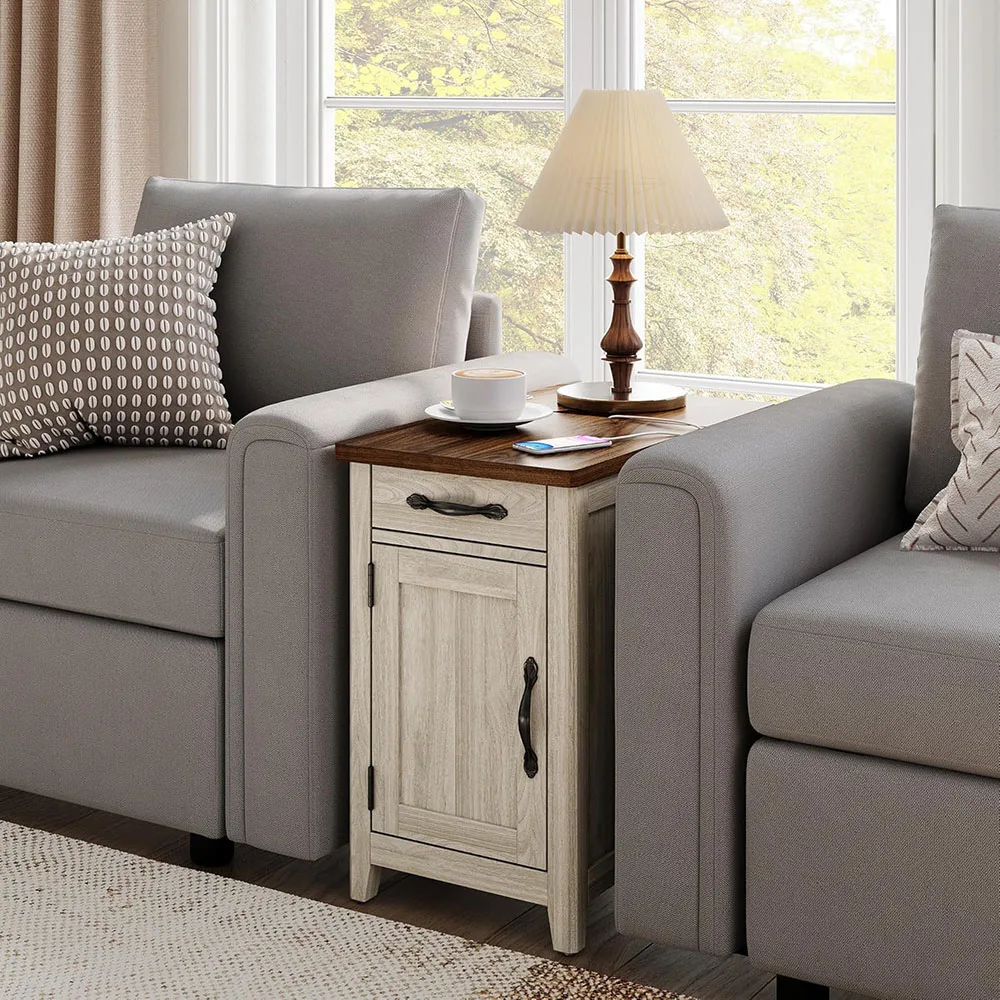 Modern Style Narrow Bedside Table with Charging Station Drawer Sofa Side Table for Bedroom & Living Room Feature Storage manufacture