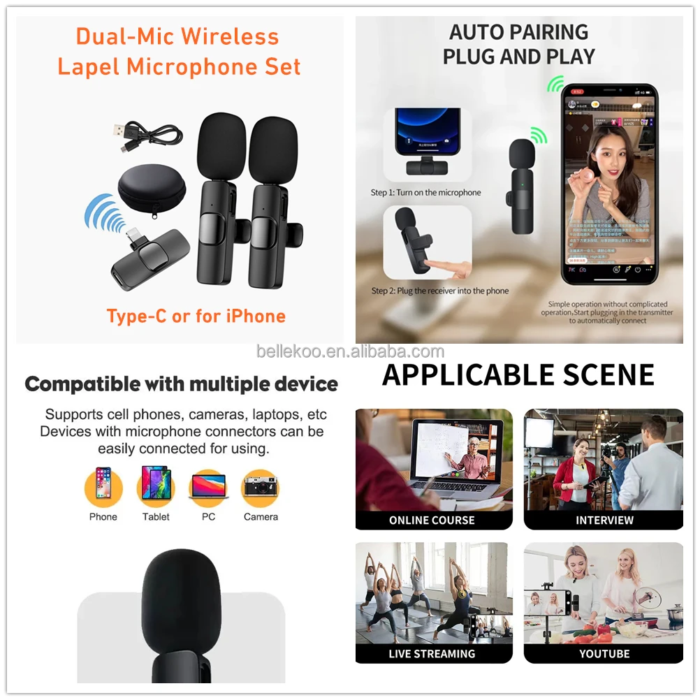 2Pack Lapel Mic 53'' Tripod Stand LED Video Light Wireless Microphone Phone Vlogging Kit For Tiktok Facebook YouTube Vlog Making