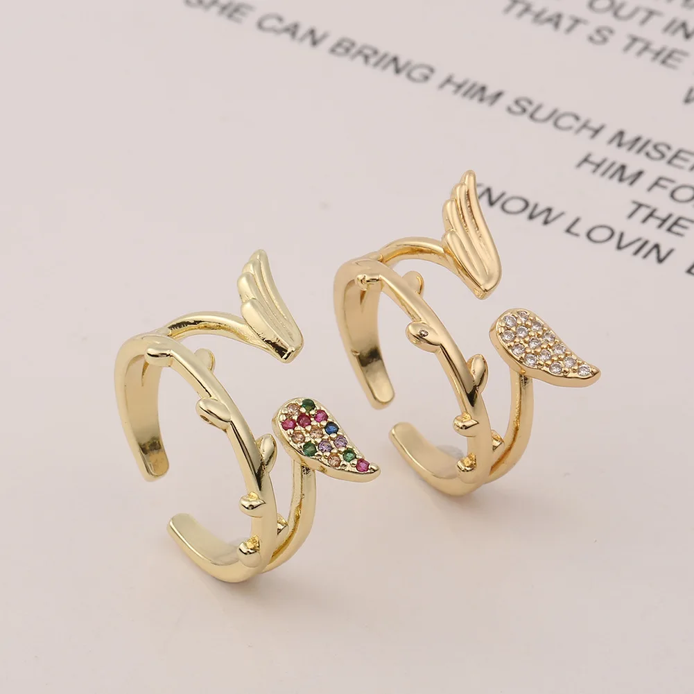 Individuality creative jewelry 18k gold plated feather wings open ring adjustable fashion ring accessories women