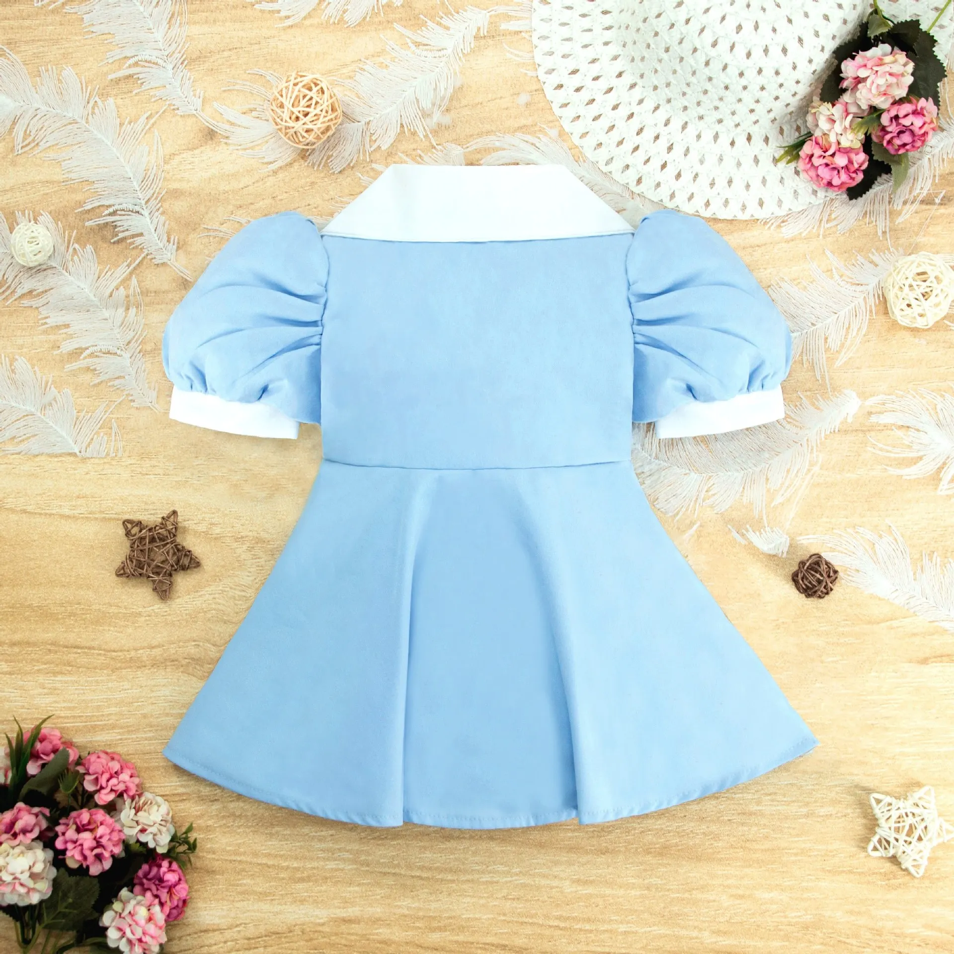 Korean style children's clothing summer girls bubble short sleeve tie drawstring boutique toddler casual dresses