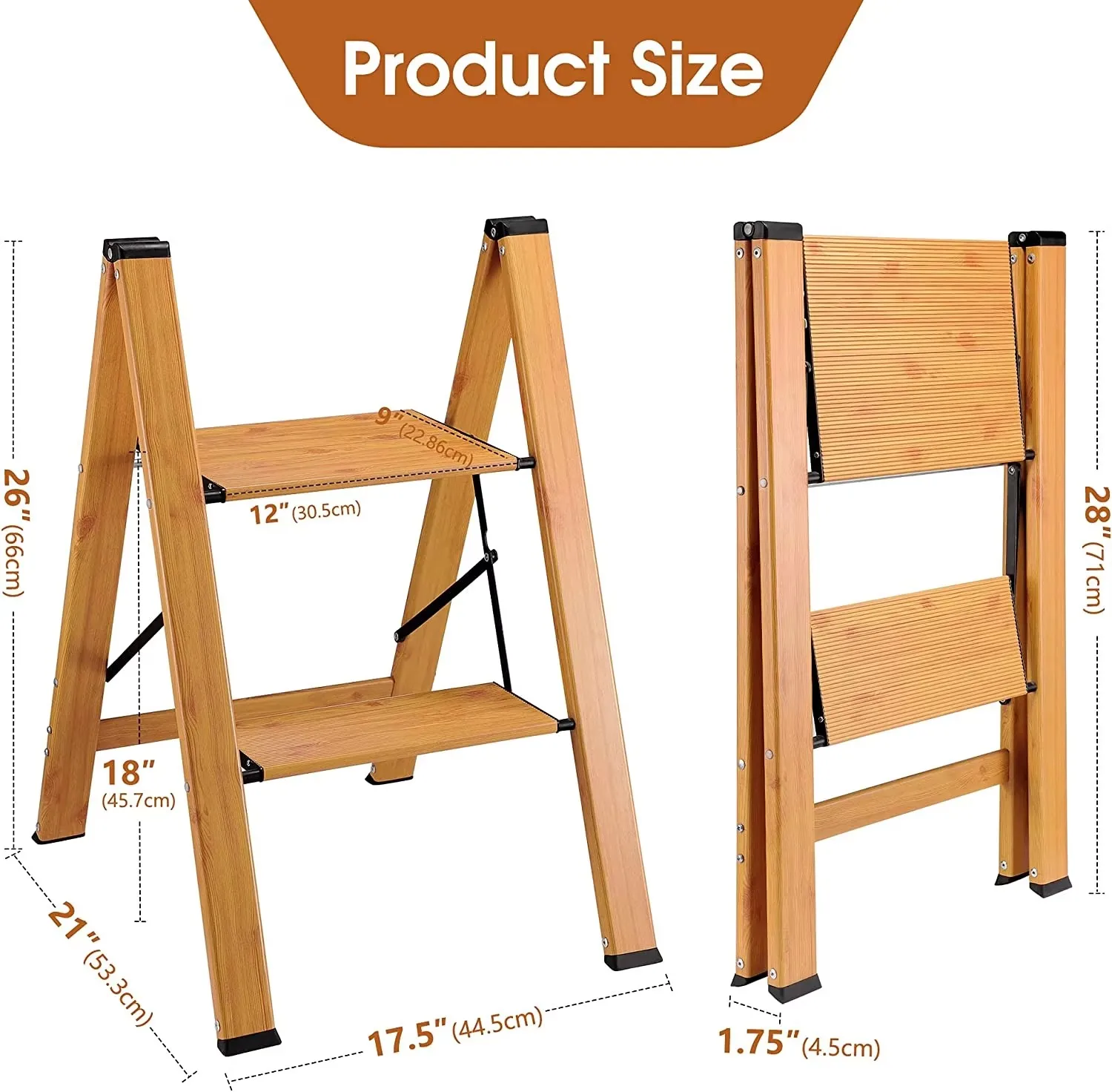 product bamboo step stool 2 step folding ladder space saving foldable step stool for kitchen non slip heavy duty step stool for adults-6