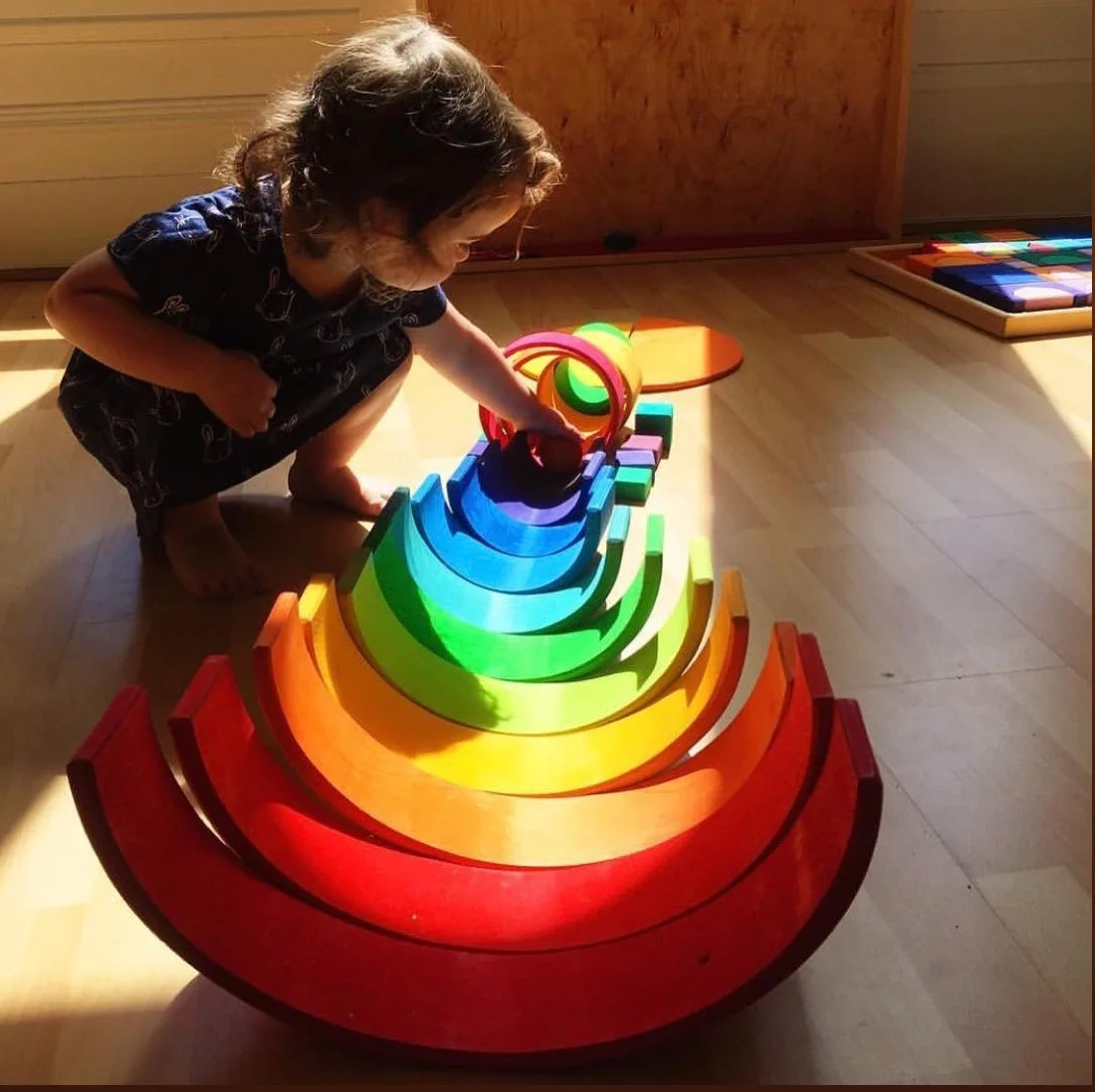 Children's Wooden Rainbow Building Blocks Solid Wood Montessori Rainbow Stacker Stacking Toys