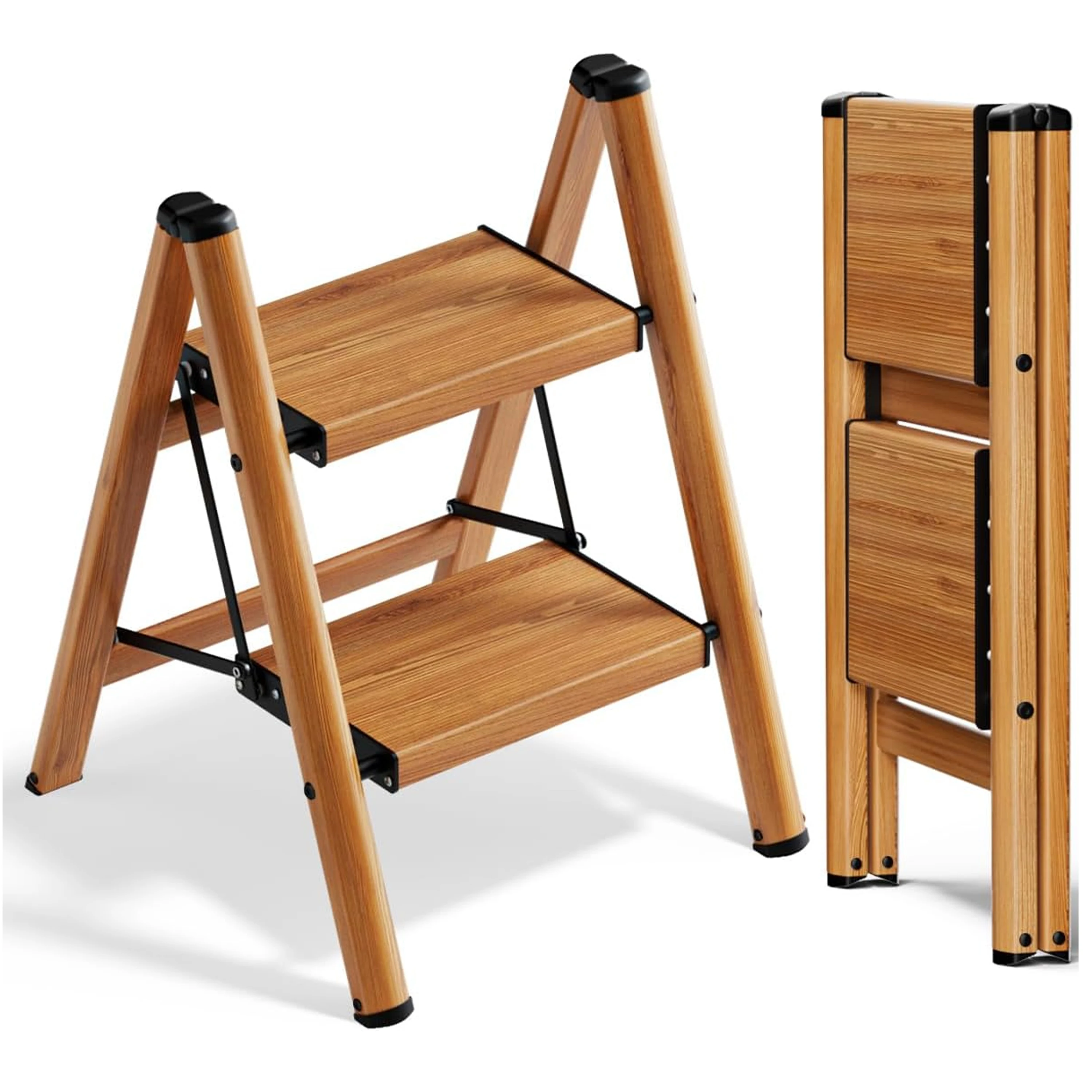 product bamboo step stool 2 step folding ladder space saving foldable step stool for kitchen non slip heavy duty step stool for adults-2
