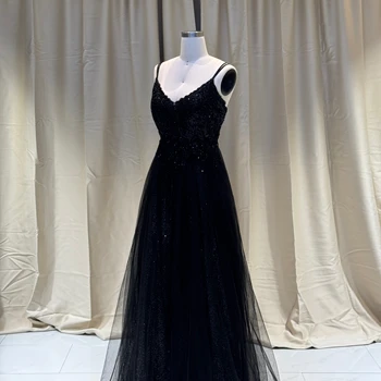 2024 Women's Satin Evening Dress Sleeveless V-Neck Embroidery Tulle Beading XXL Black Banquet Host Formal Long Floor-Length