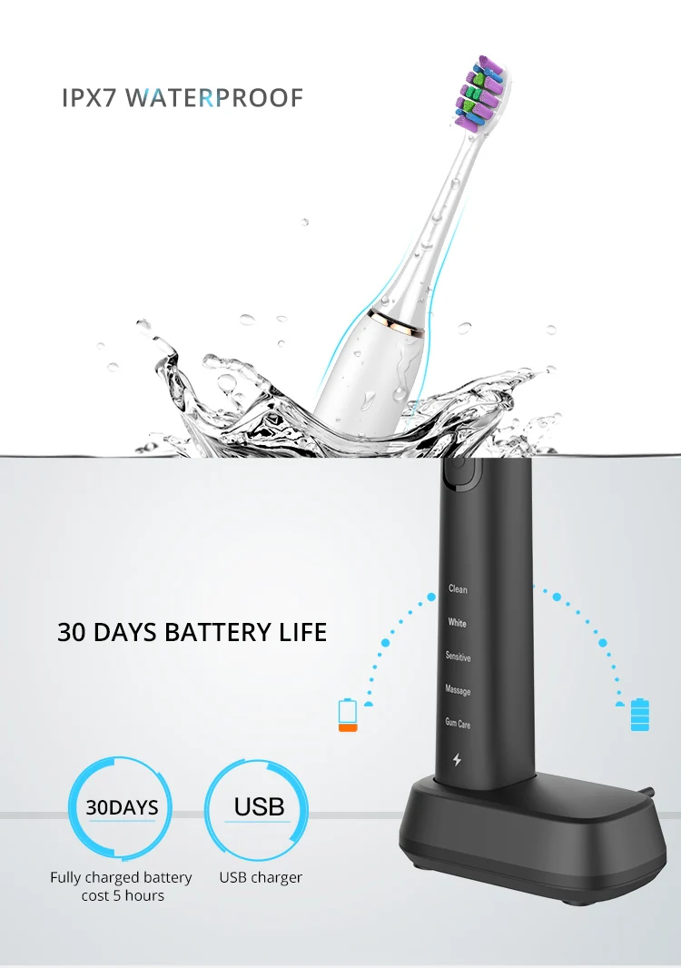 5 Modes Eco Rechargeable Travel Ultrasonic Vibration Electronic Automatic Sonic Electric Toothbrush