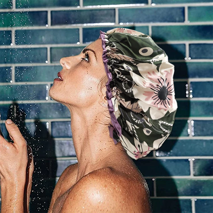 Stock Women Shower Hat PEVA Polyester Hair Cover Bonnet Headgear Double Layer Waterproof Elastic Adjustable Shower Cap