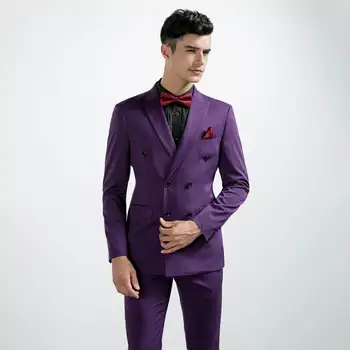 High quality worsted wool blend purple double breasted slim fit wedding suits for men