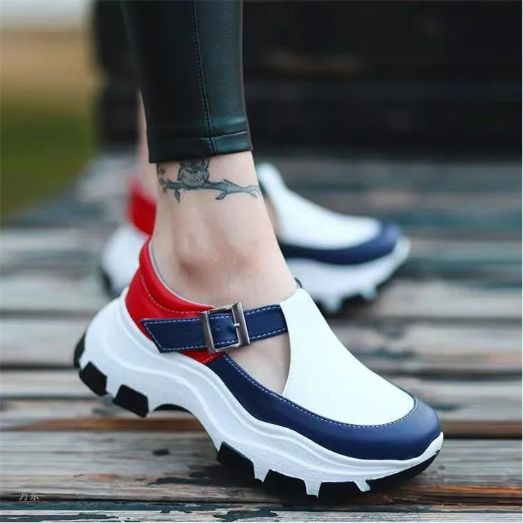 Border New Foreign Trade Thick Bottom Large Size  Leather Surface Color Matching Casual Sports Women's Shoes