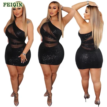 2022 Spring New Trend Sexy Bodycon Dress S-3XL Plus Size Women Casual Dress See Through One Shoulder Sequin Mesh Party Dress