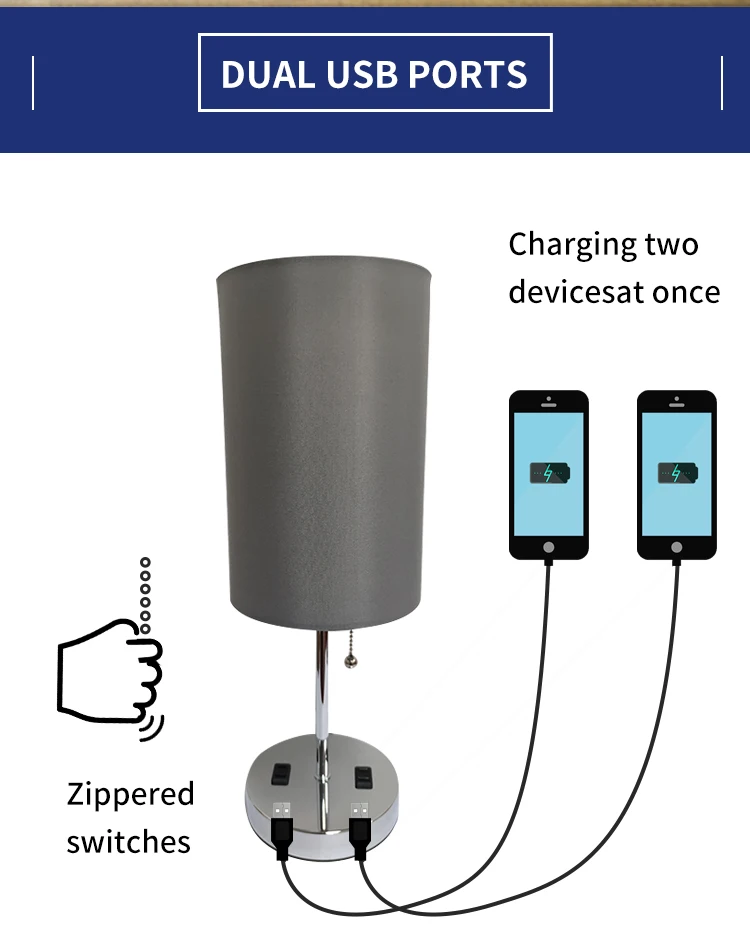 Gray lamp shade dual USB plug zipper switch iron cloth furniture table lamp