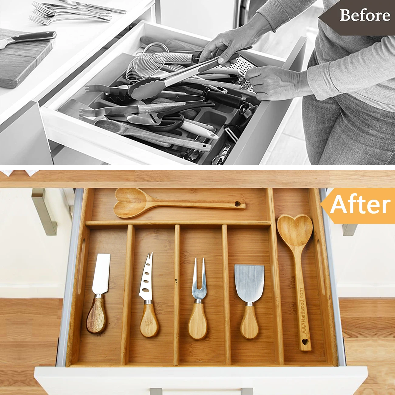 Luxury Bamboo Kitchen Drawer Silverware Organizer Cutlery Tray with Grooved Drawer Dividers and Handle