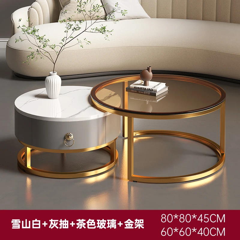 Modern Luxury Round Wooden Rock Glass White Black Gray Golden Living Room Combination Coffee Table with Metal Legs