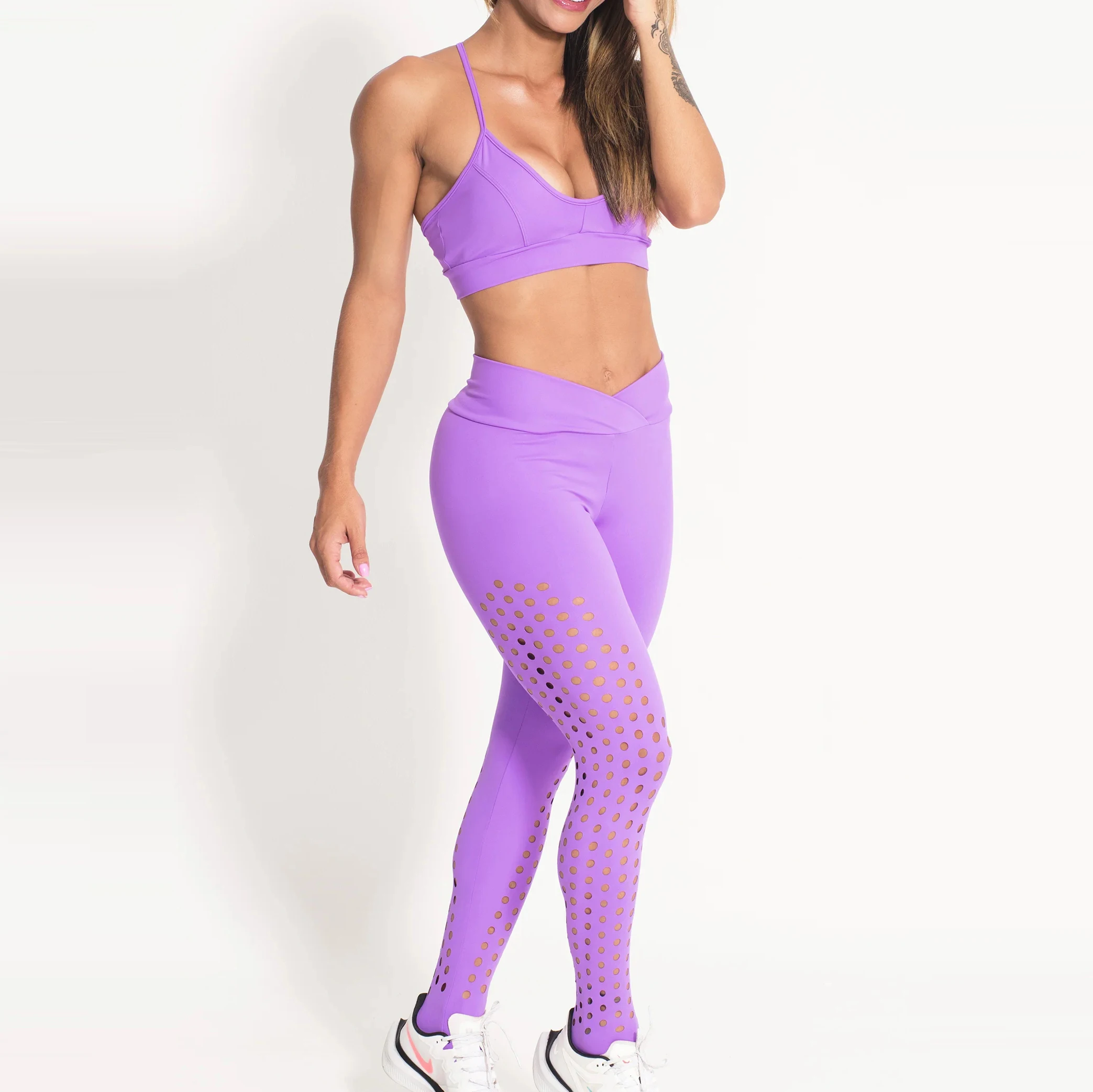 ECBC Customized  workout buttery soft racer holes breathable purple sport bra and V waist leggings 2 piece sports yoga set