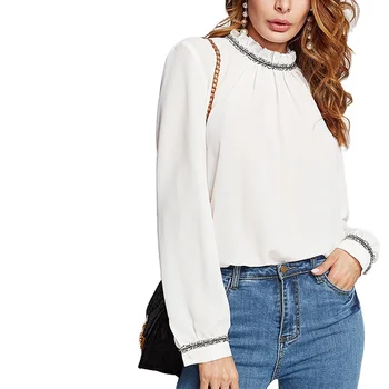 Long Sleeve Elegant Office Lady White Blouse with Ruffle Collar