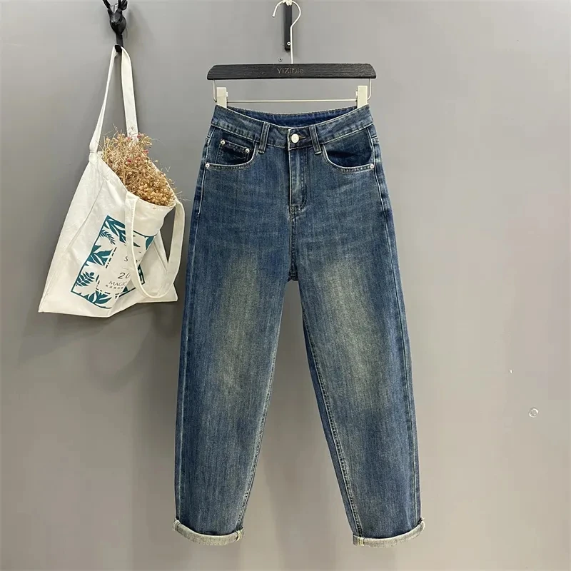 Wholesale New Fashion Women Denim Jeans Slant Waist Button Wide Leg Straight Retro Trousers Pants Street Girls Casual Jeans