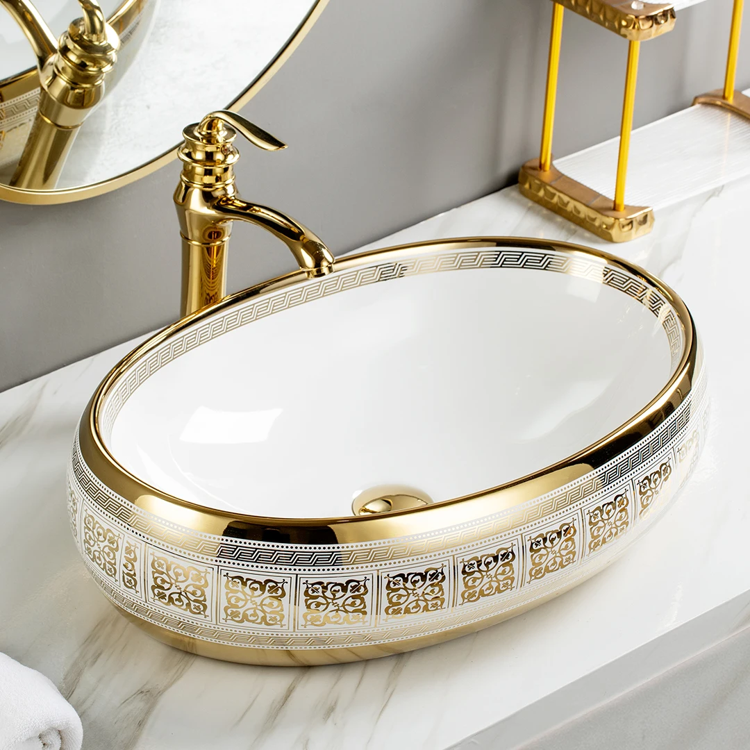 Luxury Lavabo Golden Sink Ceramic Oval Sink Art Basin Gold