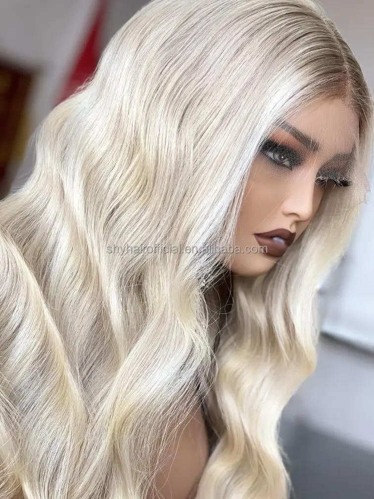 Body Wave Full Lace Wigs Human Hair Icy White Blonde Ashy Roots Ombre