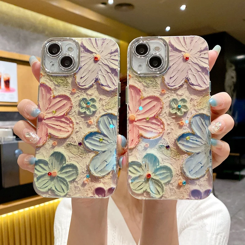For iPhone 15 Pro Case Oil Painting Flower Phone Case For iPhone Pro Max 15 14 13 12 11 Case With Lens Protective Film