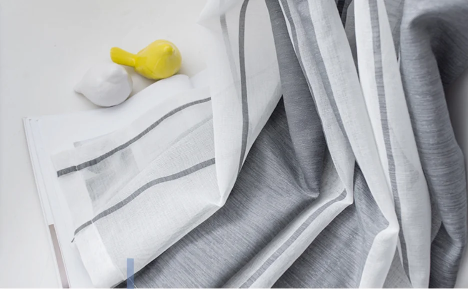 Manufacturer direct sales simple striped sheer window curtain Nordic style ready made voile curtain  for bedroom