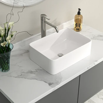 Modern 19x15 Inch Rectangular Ceramic White Bathroom Wash Basin Porcelain Mount Washbasin Cabinet Countertop