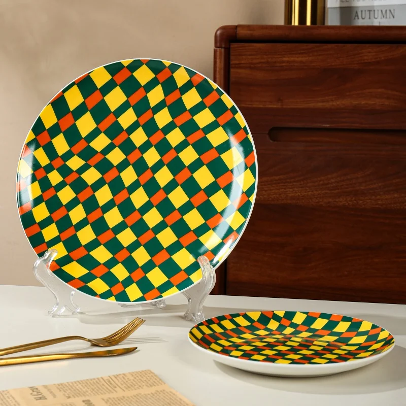 product wholesale porcelain reusable round shape cubic lattice design ceramic dinnerware dessert plate home tableware dinnerware set-6