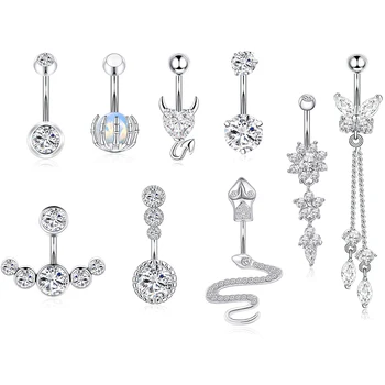 A Set Surgical Steel Butterfly Dangle Belly Button Ring With Chain Large Zircon Snake-Shaped Opal Women Sexy Navel Ring Piercing