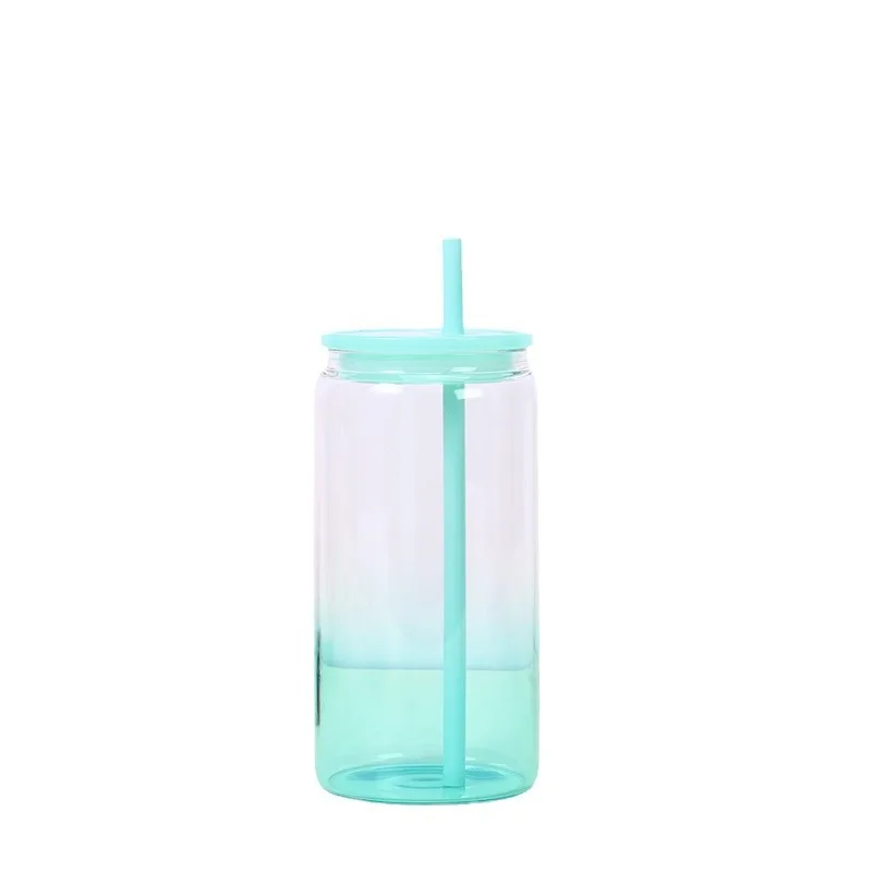 Wholesale Heat Sublimation Straw Glass 16oz Gradient Dazzle water Cup Colorful PP Lids and Straws