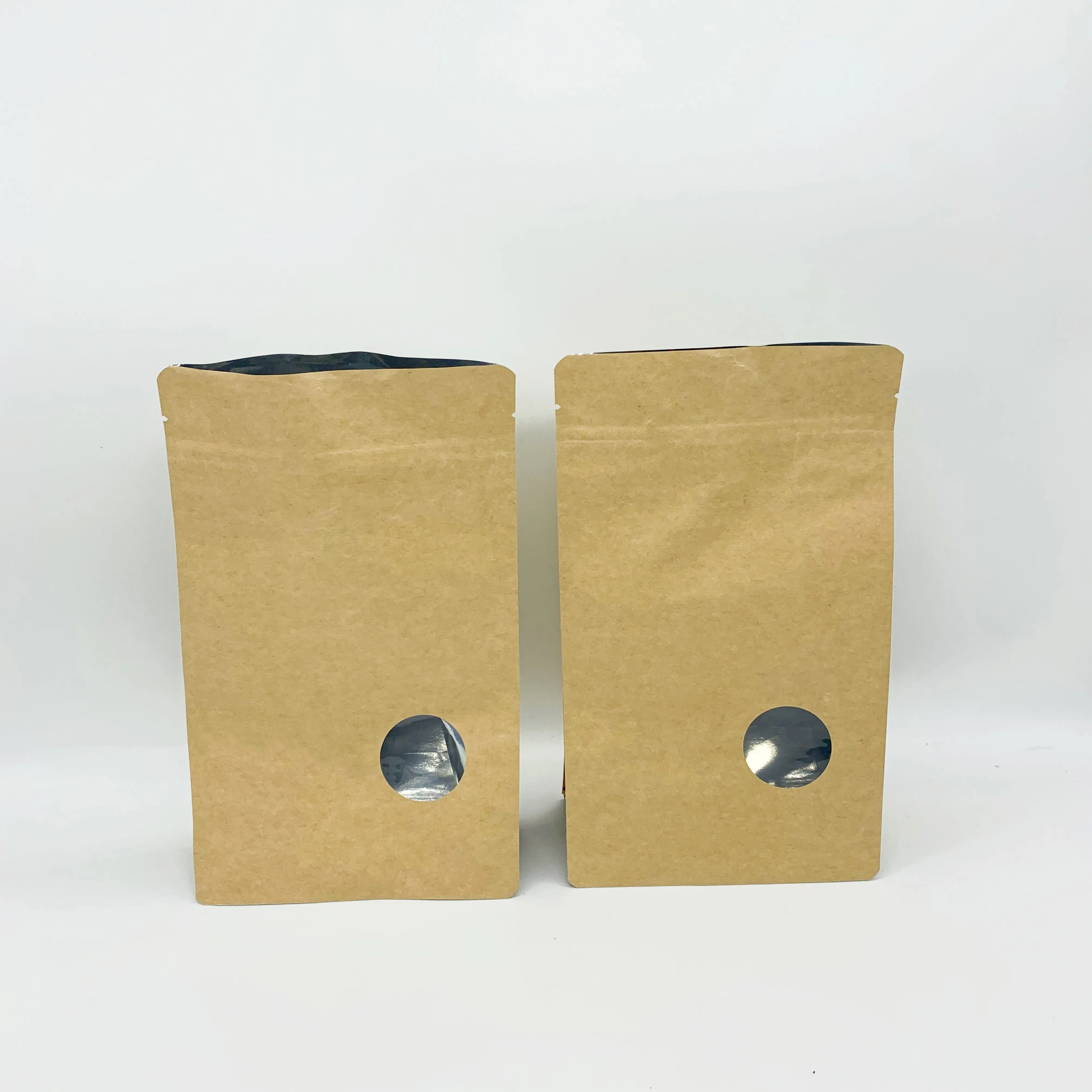 Custom Resealable Flat Bottom Kraft Paper Bag With Window Zipper Stand