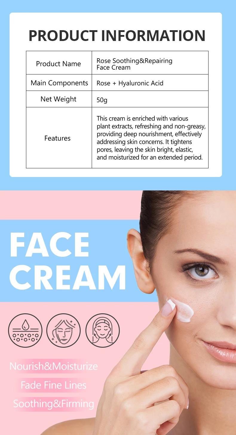 Natural Rose Facial Cream With Hyaluronic Acid Reduce Wrinkles Moisturizing Face Skin Care Firming and Tightening Face Cream