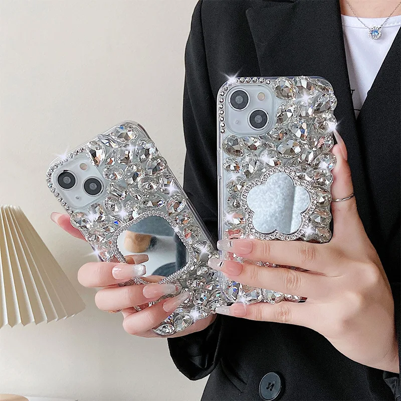Luxury Mirror Mobile Phone Case Rhinestone Cell Shell Covers for iPhone 15 Samsung A13 A14 A25 A34 A54