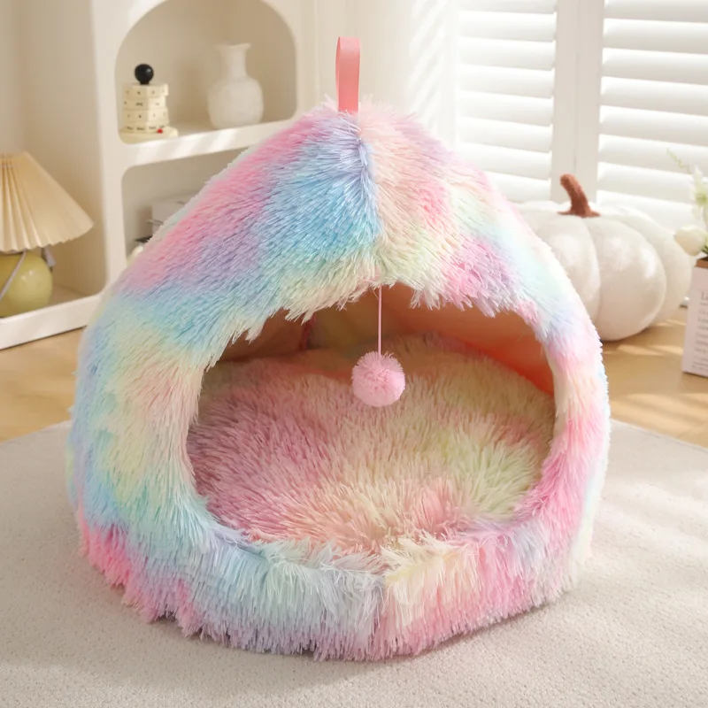 product fluffy dog cat cave bed with ball toys multi colors doggy cat sleeping bed indoor cat house-55