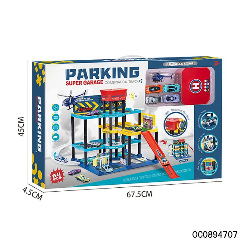 4 layers kids road track construction rail parking lot toys with 4pcs sliding alloy cars plane