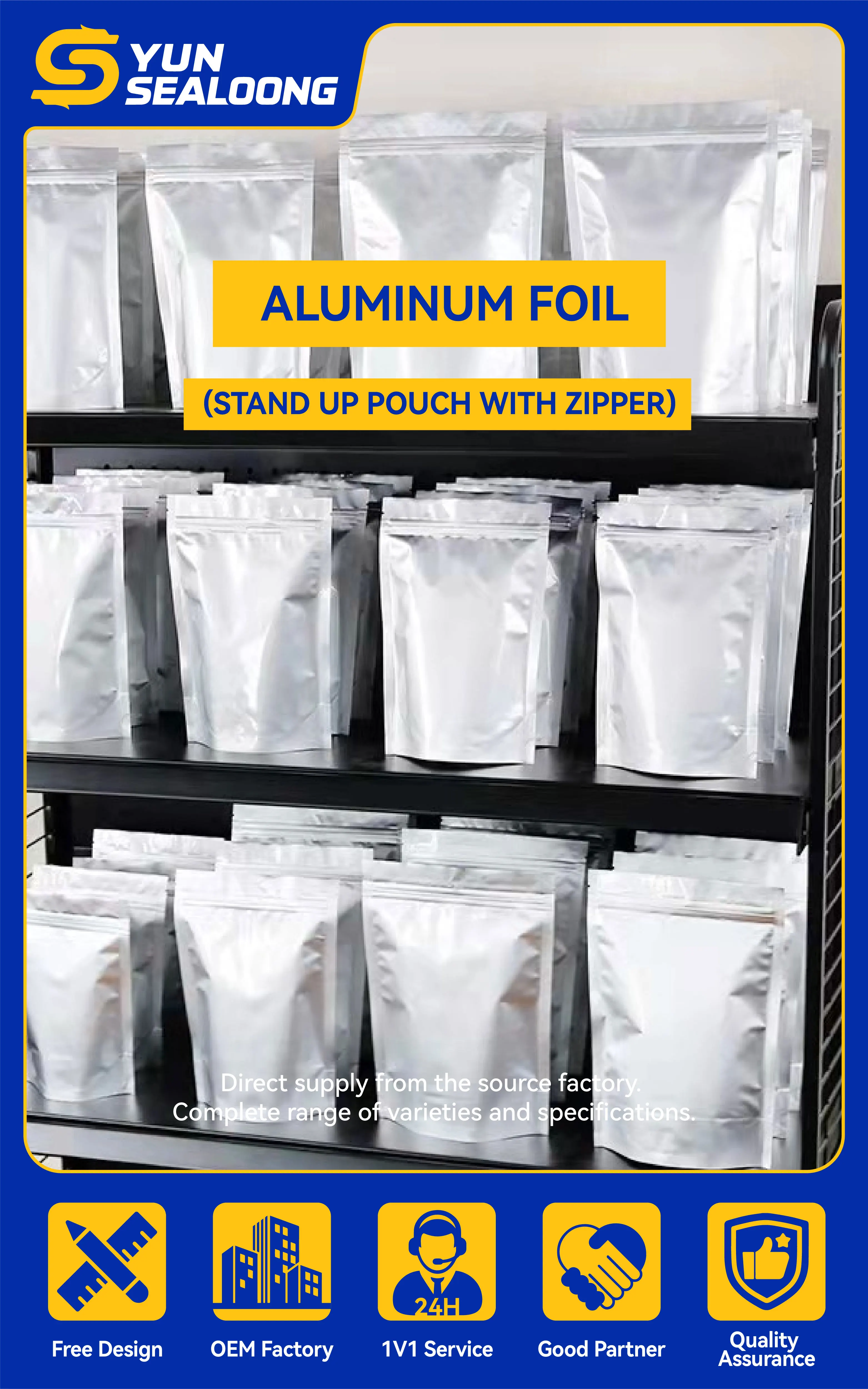 Stand-up Zipper Pouch Aluminum Foil Light Smell Proof Water Heat for Pet Food Baby Food Potato Chips Sugar Lollipops