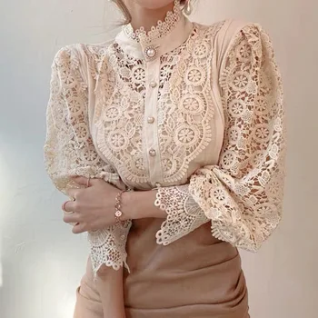 Trending Hollow Out Women's Elegant Lace Tops Blouses With Long Sleeve Pearl Button