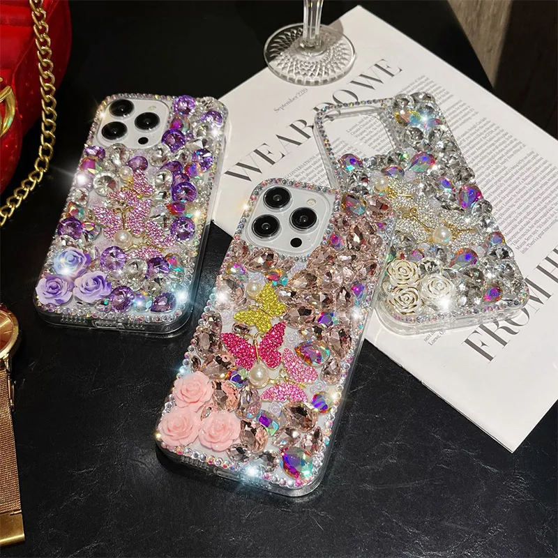 Luxury Butterfly Rose Rhinestone Ins Style Mobile Phone Case Shell Covers for iPhone 15 Samsung A13 A14 A25 A34 A54