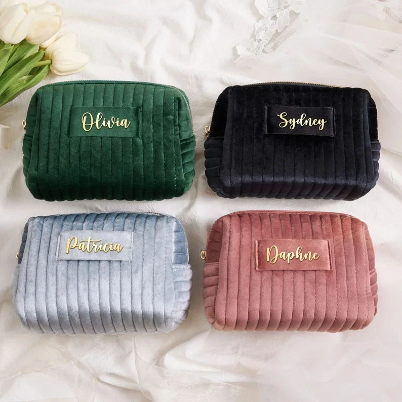 2024 Custom Printed Logo Personalised Zipper Cosmetics Pouch Organizer Quilted Velvet Makeup Bags