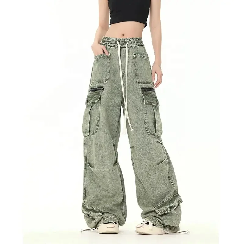 Womens Casual Loose Pants Comfy Cropped Work Pants with Pockets Elastic High Waist Paper Bag Pants