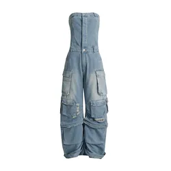 Personality Jumpsuit 2023 New Fashion Street Style Bra Waist Down Figure Showing Hot Girl Multi Pocket Denim Cargo Pants