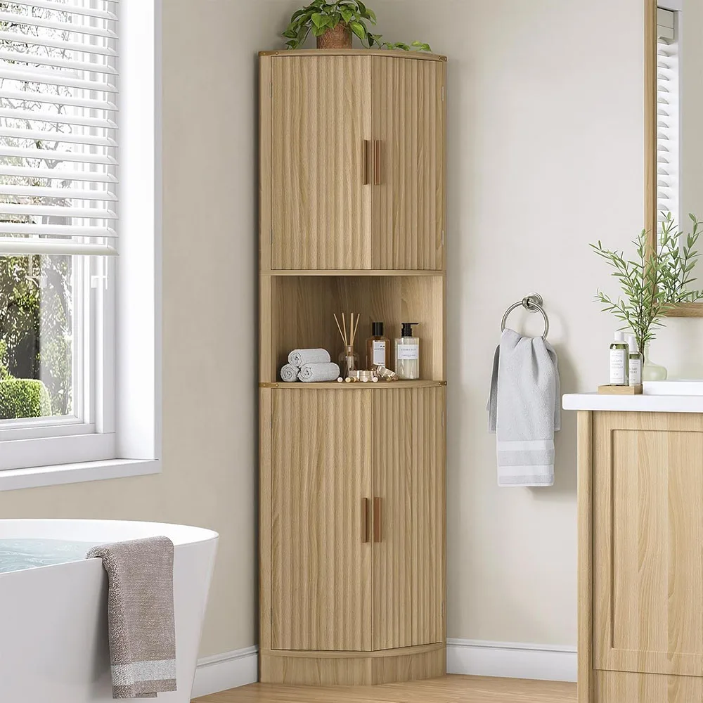 68" Tall Modern Wood Corner Storage Cabinet 4 Doors 5 Shelves Pantry Hutch Cupboard Space Saver Kitchen Living Room manufacture