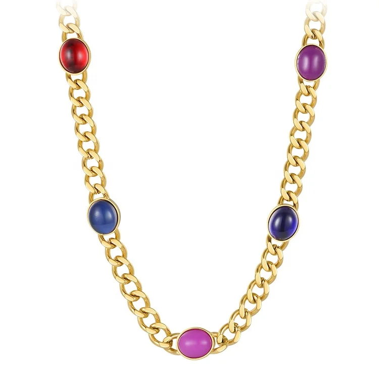 18K Gold Plated Stainless Steel Jewelry Multicolor Stones Thick Cuban Chain Accessories Necklace P213257