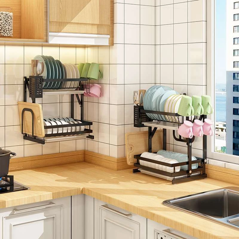 Latest products wall mounted type kitchen stainless steel 2 tier dish rack storage racks