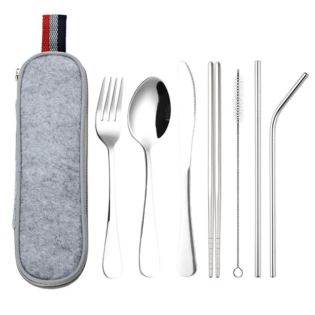 Stainless Steel Travel Camping Cutlery Knife Fork Spoon Chopsticks Set With Case,Lunch Box Utensils, Portable Silverware Set
